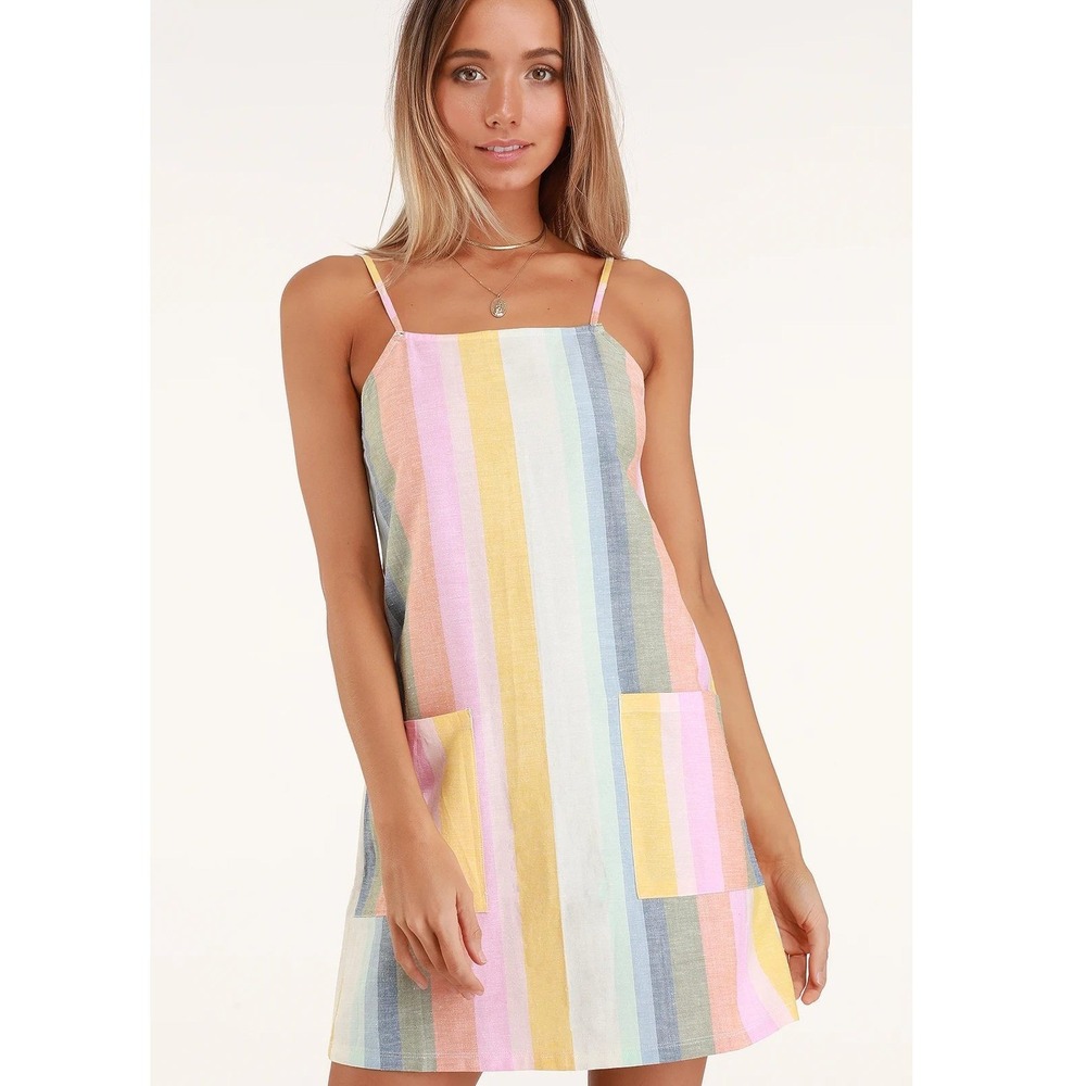 Billabong Rainbow Stripe Linen Blend Mini Dress Pastel Multi Color Large